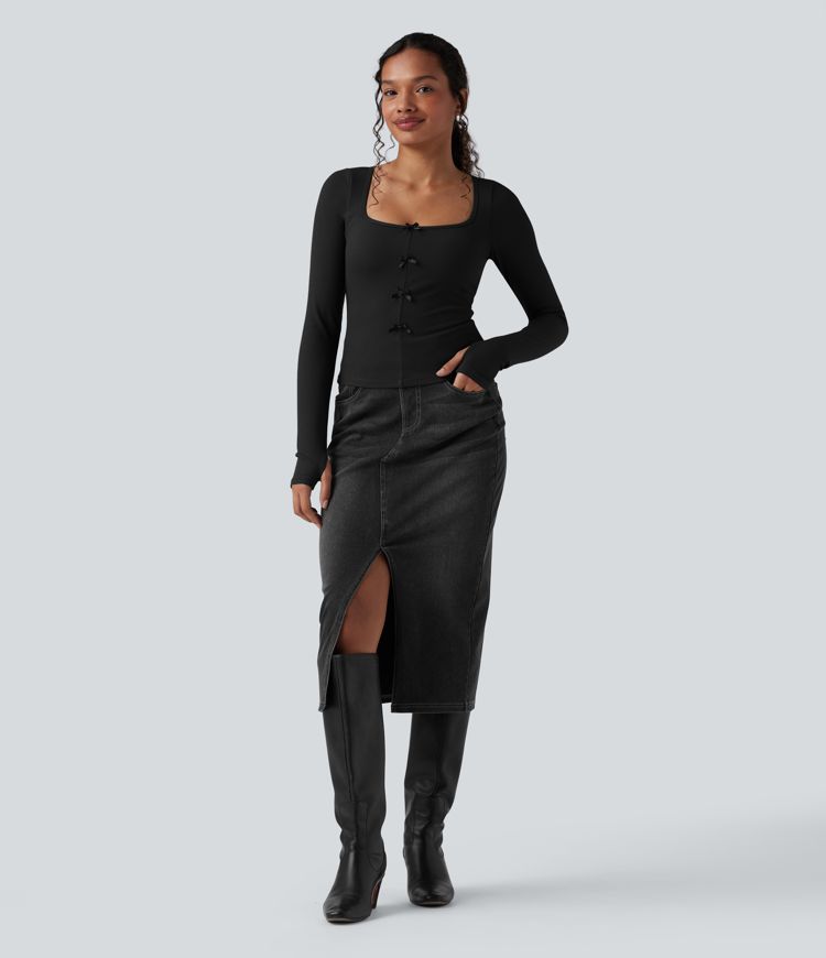 Ribbed Knit Molded Cups Push-Up Square Neck Long Sleeve Thumb Holes Bow Casual T-Shirt A/B Cup