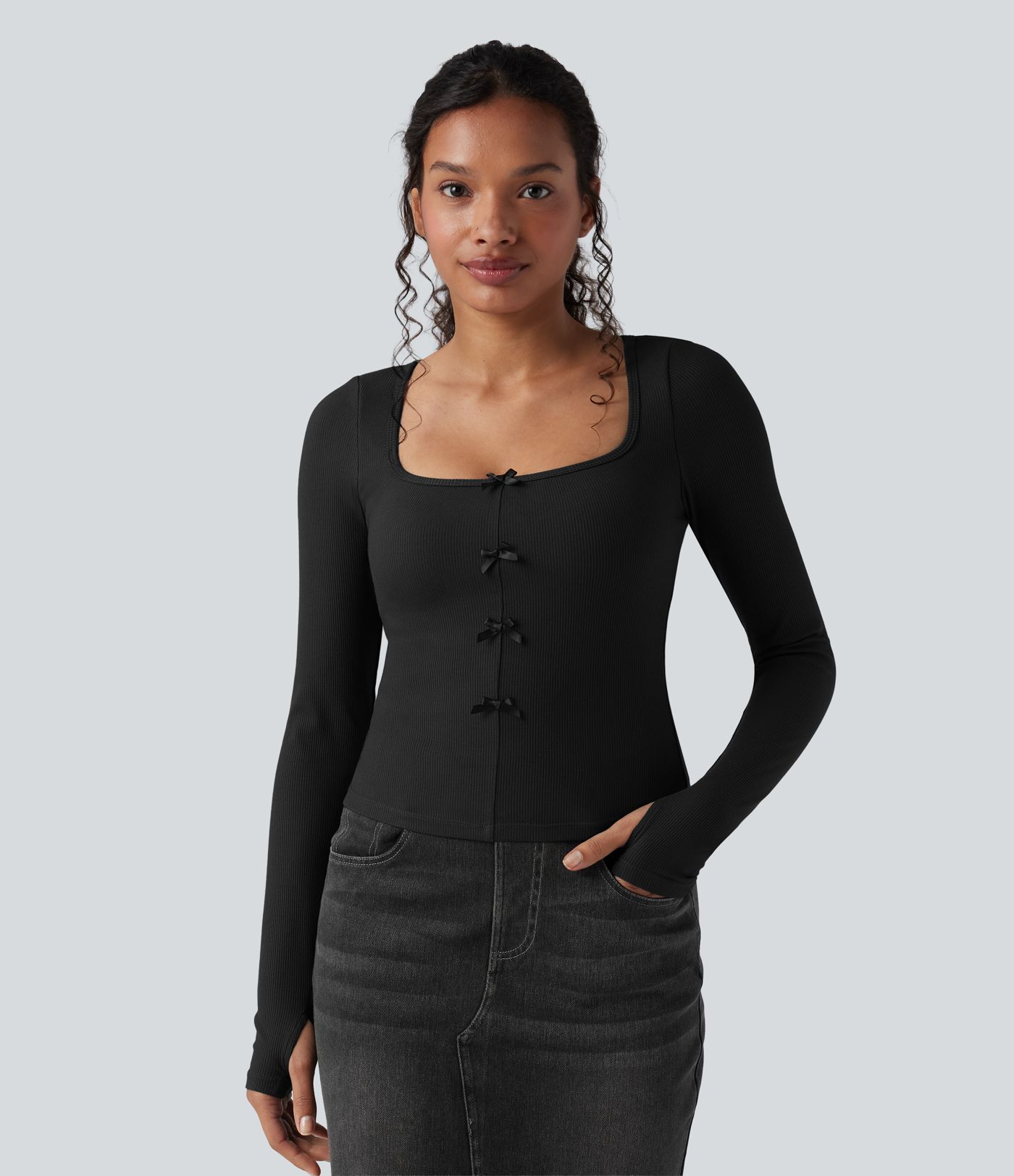 Ribbed Knit Molded Cups Push-Up Square Neck Long Sleeve Thumb Holes Bow Casual T-Shirt A/B Cup