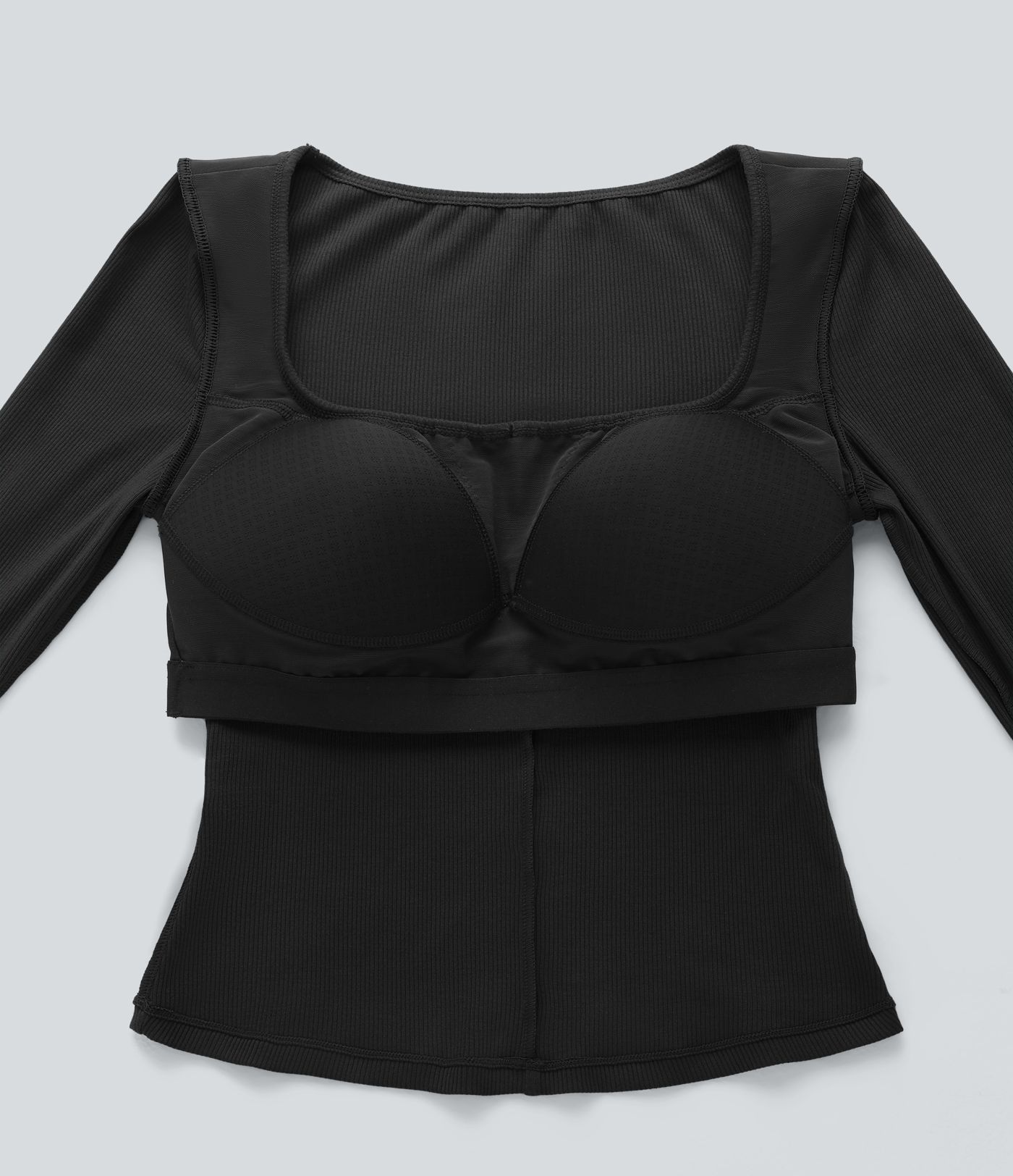 Ribbed Knit Molded Cups Push-Up Square Neck Long Sleeve Thumb Holes Bow Casual T-Shirt A/B Cup