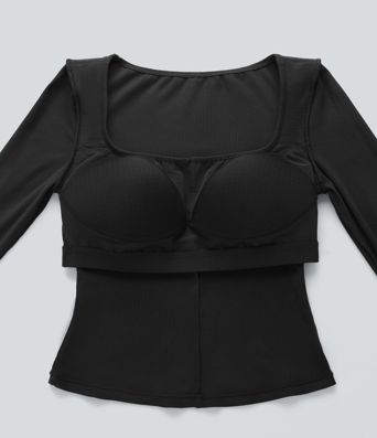 Ribbed Knit Molded Cups Push-Up Square Neck Long Sleeve Thumb Holes Bow Casual T-Shirt A/B Cup