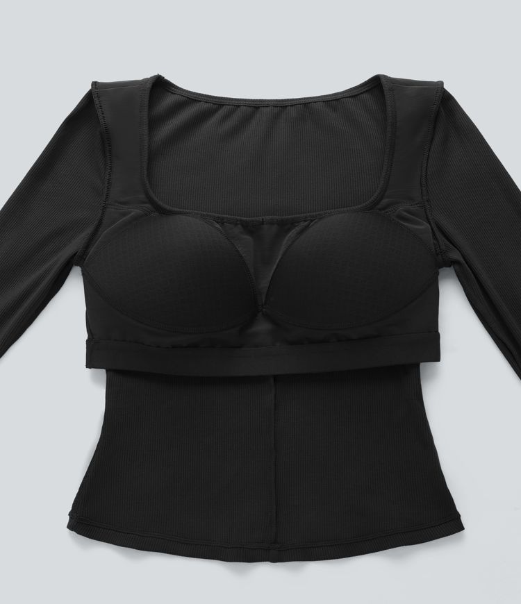 Ribbed Knit Molded Cups Push-Up Square Neck Long Sleeve Thumb Holes Bow Casual T-Shirt A/B Cup