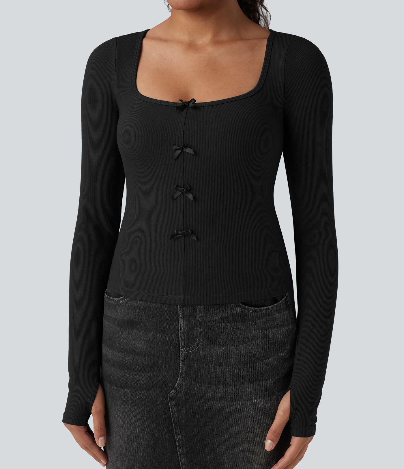 Ribbed Knit Molded Cups Push-Up Square Neck Long Sleeve Thumb Holes Bow Casual T-Shirt A/B Cup