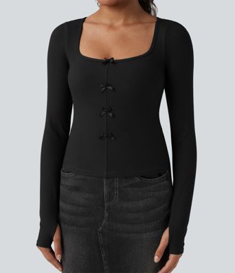 Ribbed Knit Molded Cups Push-Up Square Neck Long Sleeve Thumb Holes Bow Casual T-Shirt A/B Cup