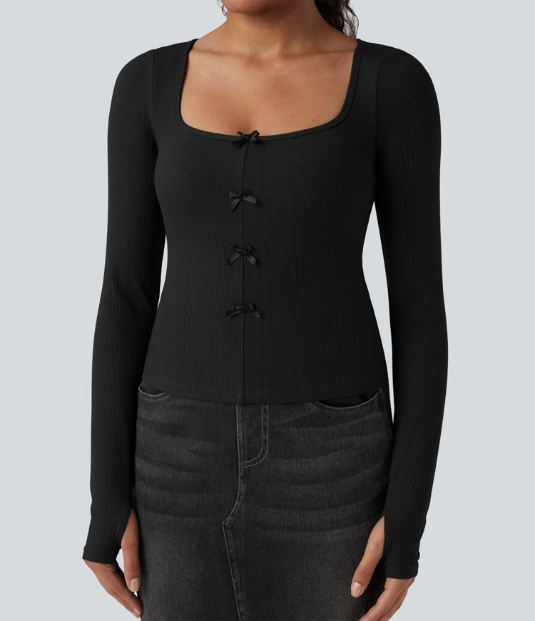 Ribbed Knit Molded Cups Push-Up Square Neck Long Sleeve Thumb Holes Bow Casual T-Shirt A/B Cup
