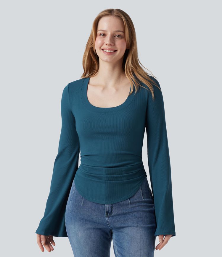 Ribbed Knit Square Neck Flounce Sleeve Ruched Curved Hem Casual T-Shirt