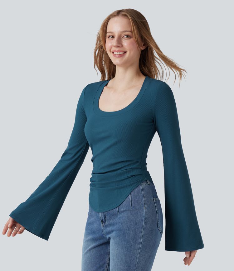 Ribbed Knit Square Neck Flounce Sleeve Ruched Curved Hem Casual T-Shirt