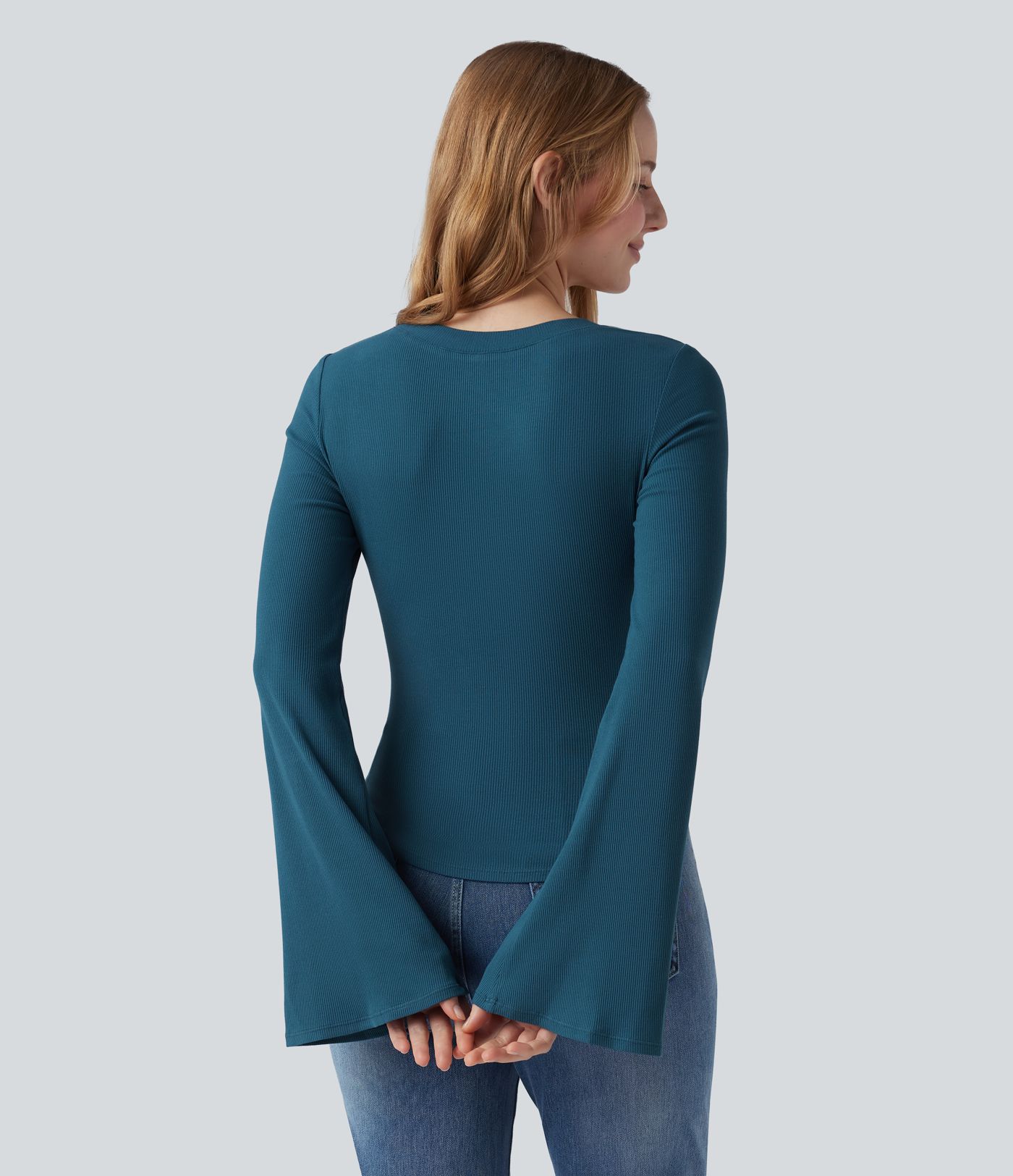 Ribbed Knit Square Neck Flounce Sleeve Ruched Curved Hem Casual T-Shirt