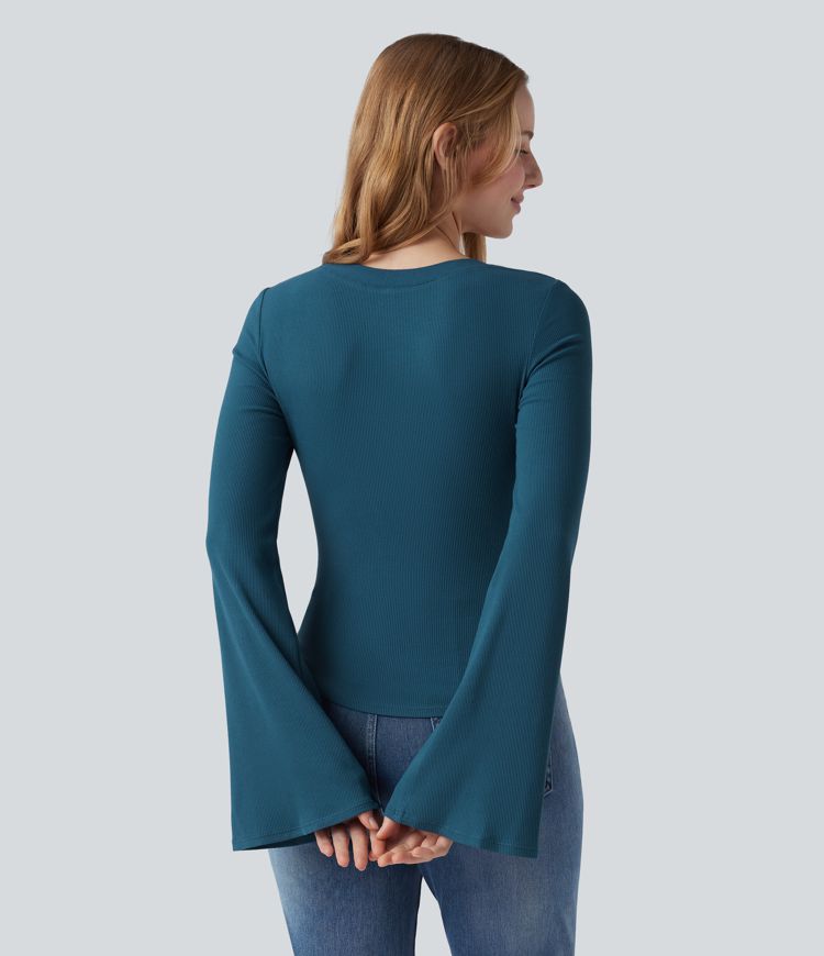 Ribbed Knit Square Neck Flounce Sleeve Ruched Curved Hem Casual T-Shirt