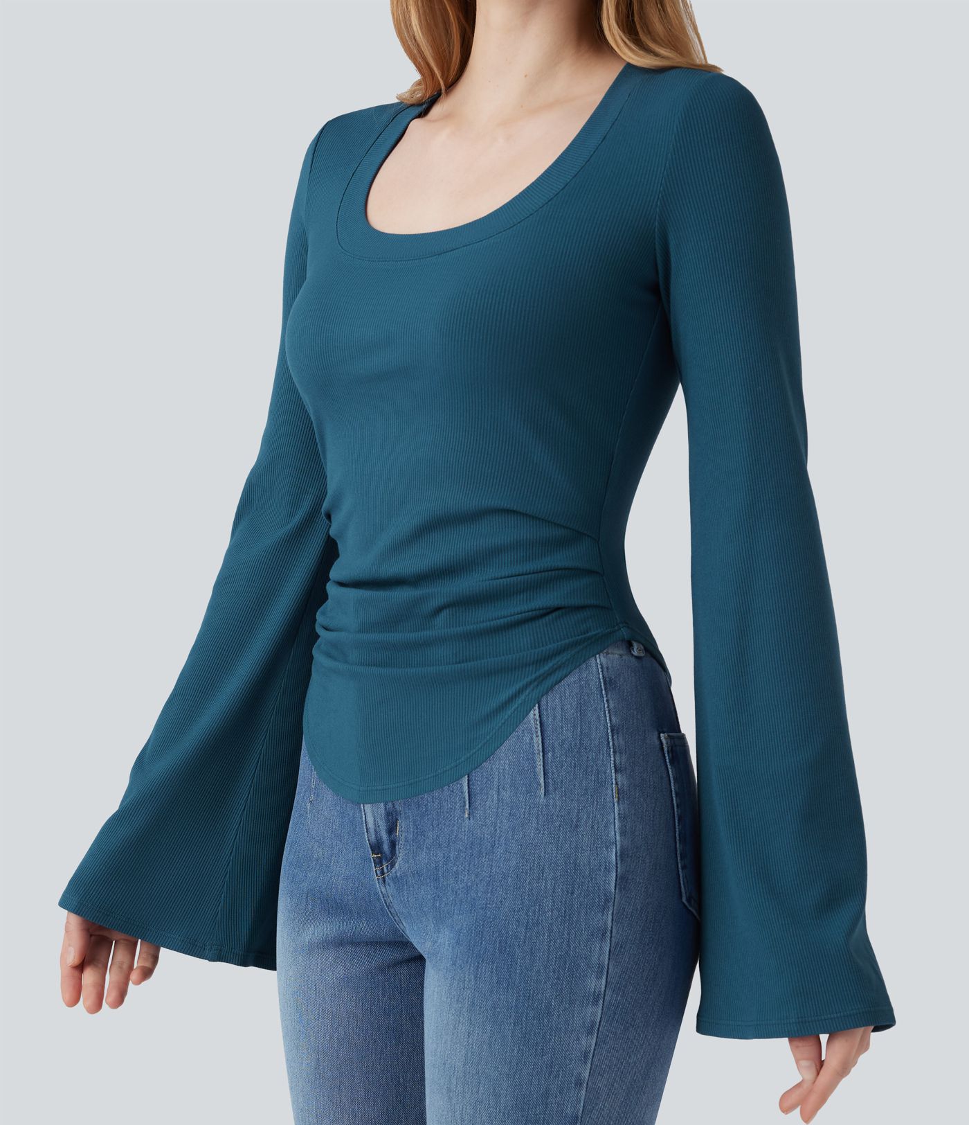 Ribbed Knit Square Neck Flounce Sleeve Ruched Curved Hem Casual T-Shirt