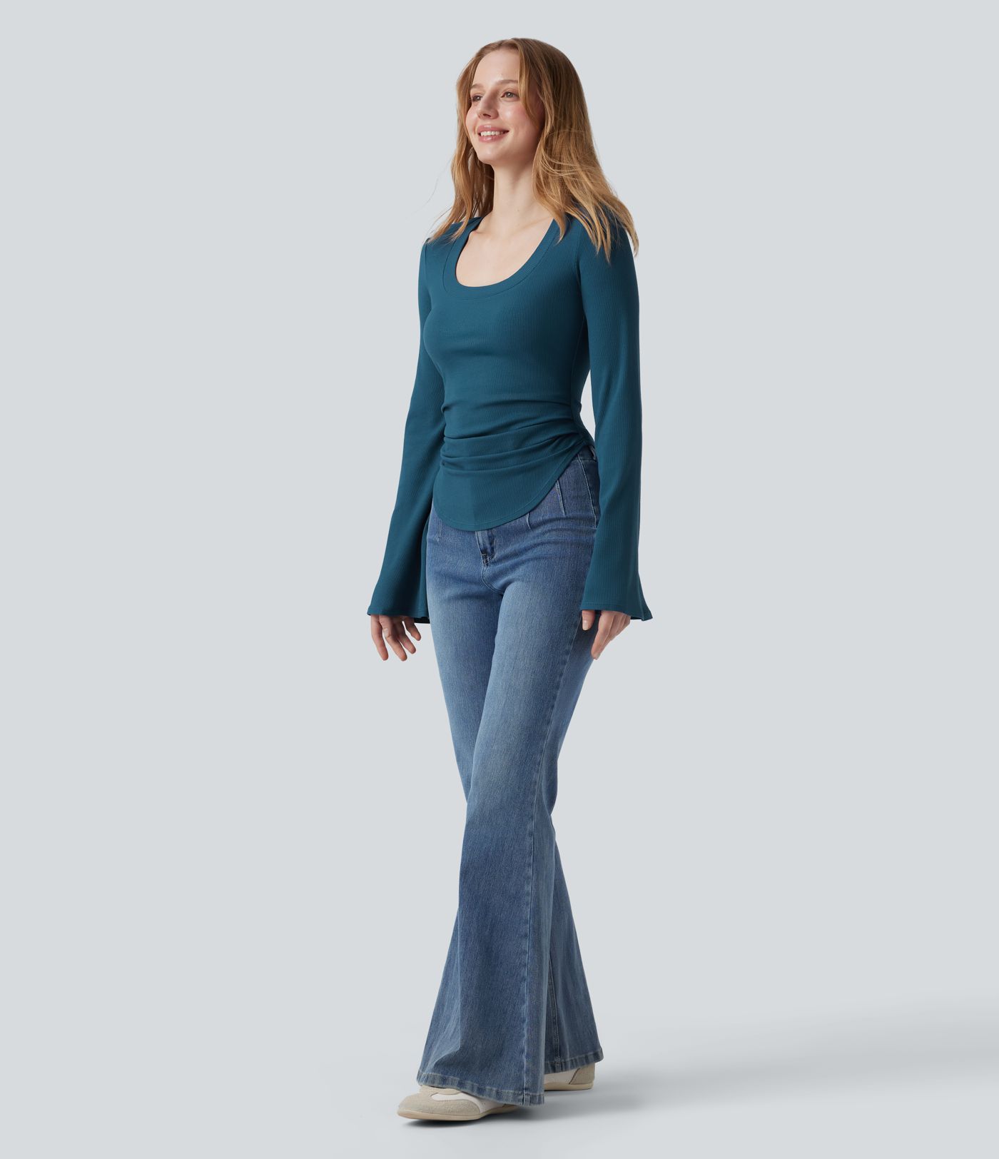 Ribbed Knit Square Neck Flounce Sleeve Ruched Curved Hem Casual T-Shirt