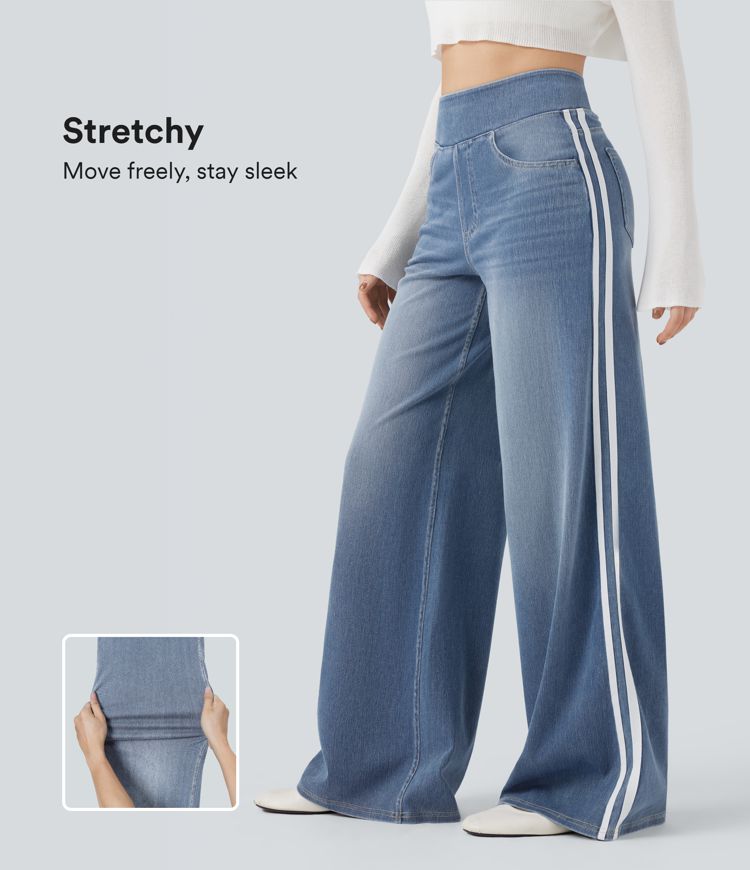 Halara Flex™ High Waisted Stripe Wide Leg Flowy Washed Casual Jeans with Pockets