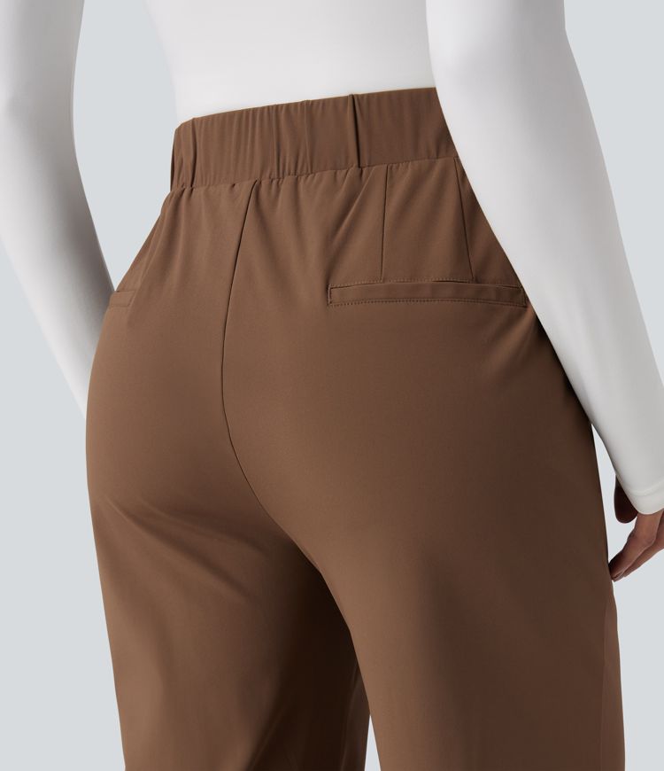 Wrinkle-resistant High Waisted Straight Leg Work Trousers with Pockets
