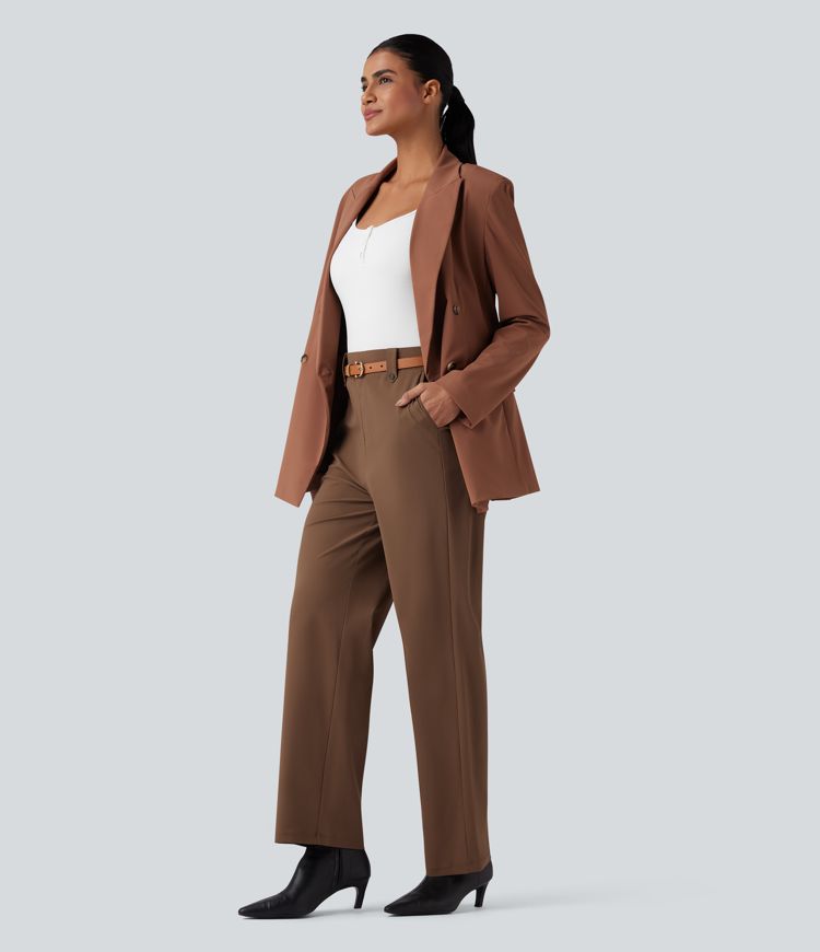 Wrinkle-resistant High Waisted Straight Leg Work Trousers with Pockets
