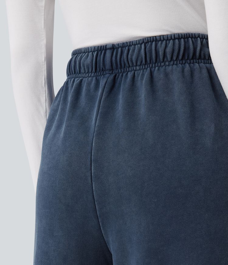 High Waisted Drawstring Washed French Terry Casual Cotton Pants with Pockets