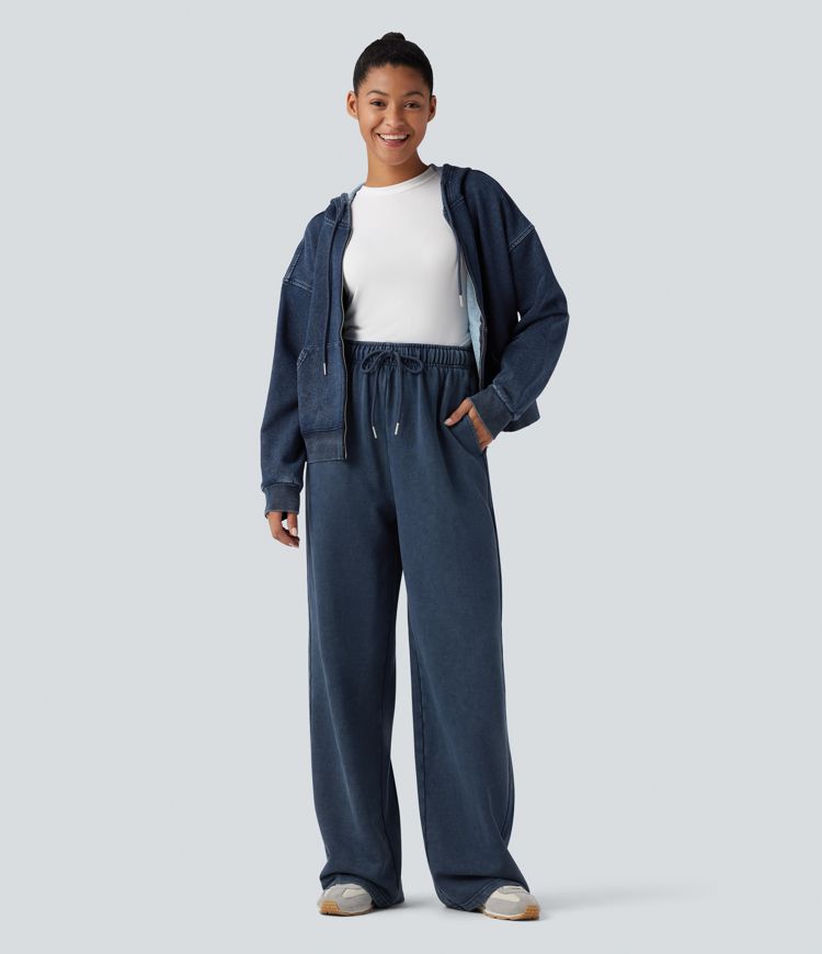 High Waisted Drawstring Washed French Terry Casual Cotton Pants with Pockets