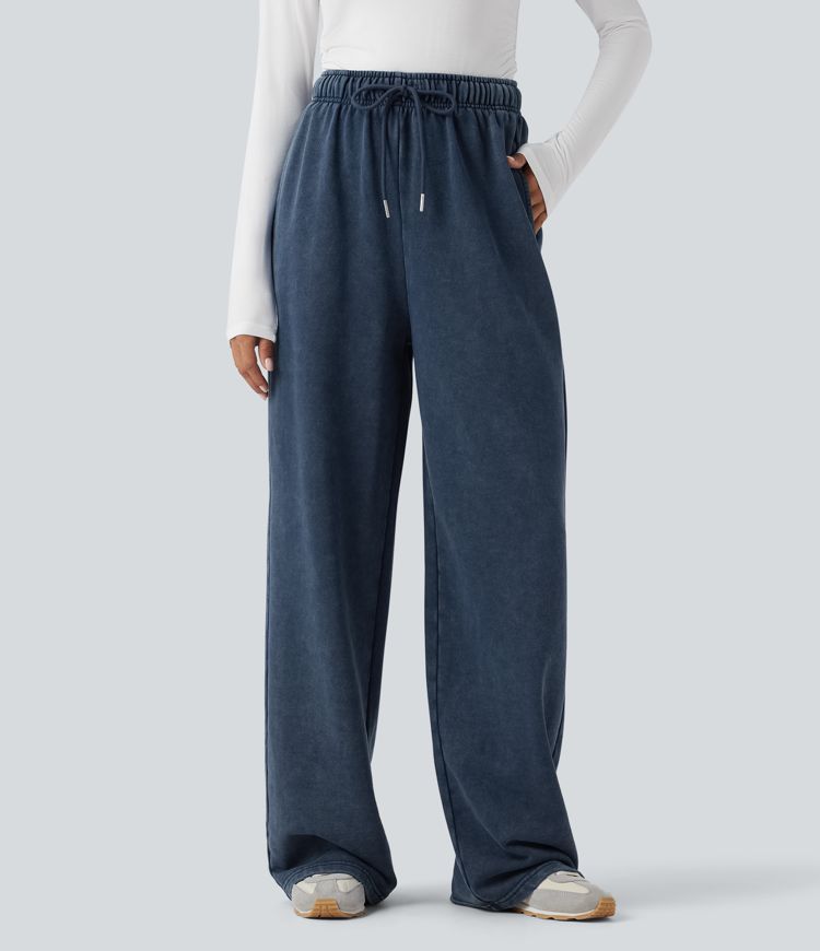 High Waisted Drawstring Washed French Terry Casual Cotton Pants with Pockets
