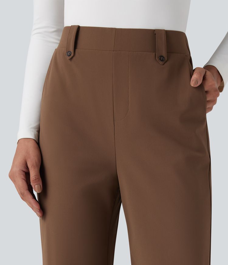 Wrinkle-resistant High Waisted Straight Leg Work Trousers with Pockets