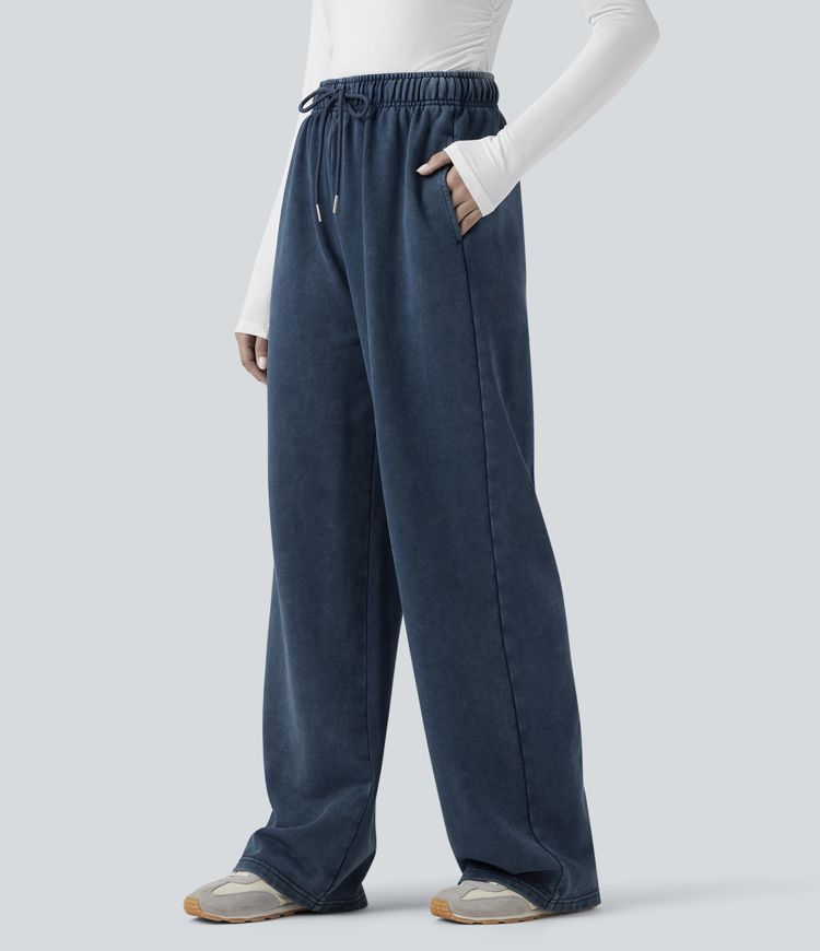 High Waisted Drawstring Washed French Terry Casual Cotton Pants with Pockets