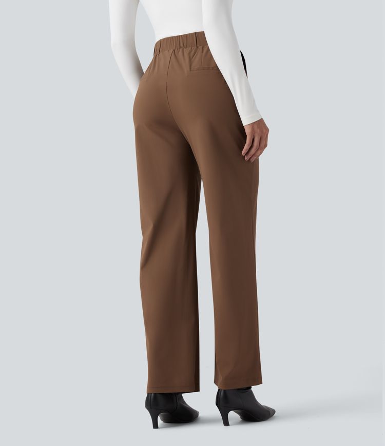 Wrinkle-resistant High Waisted Straight Leg Work Trousers with Pockets