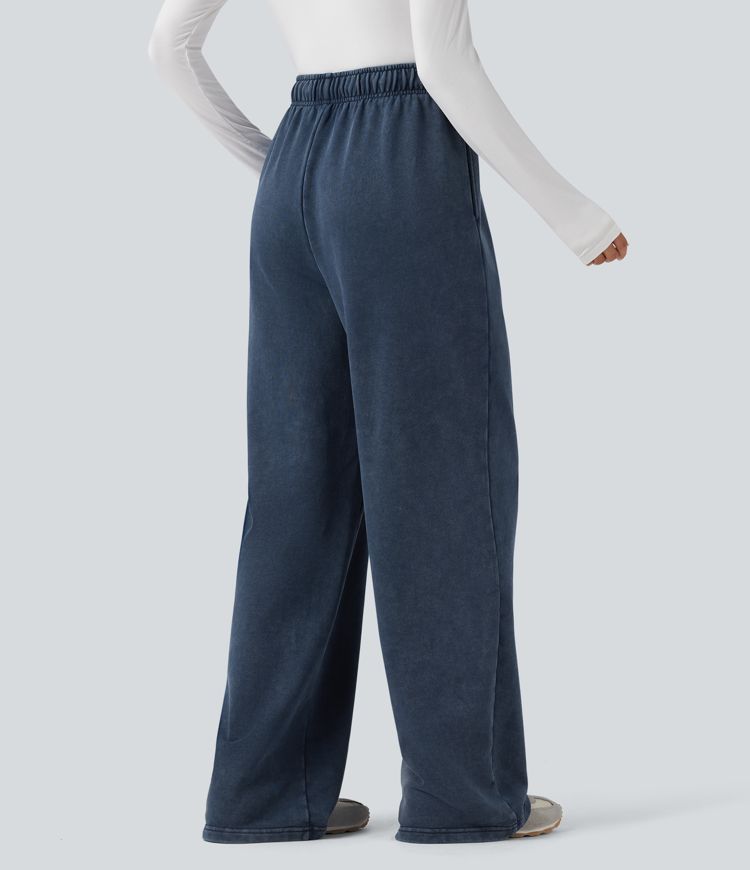 High Waisted Drawstring Washed French Terry Casual Cotton Pants with Pockets