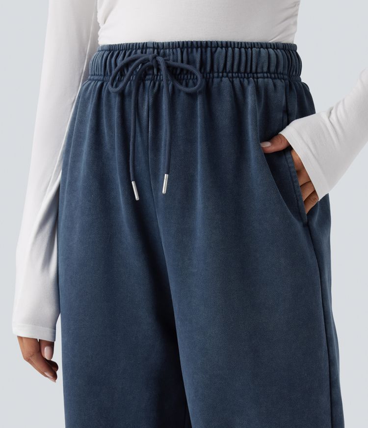 High Waisted Drawstring Washed French Terry Casual Cotton Pants with Pockets