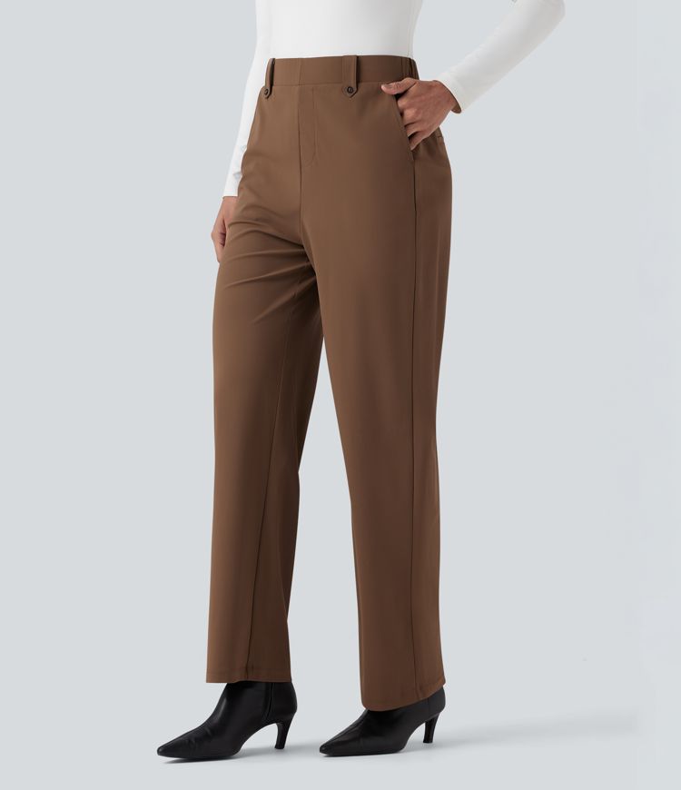 Wrinkle-resistant High Waisted Straight Leg Work Trousers with Pockets