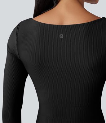 Ribbed Push-Up Square Neck Long Sleeve Thumb Holes Yoga Sports Top