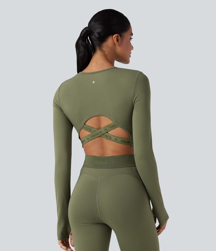 SpeedWave™ Crisscross Backless Long Sleeve Thumb Holes Cropped Quick Dry Workout Sports Top