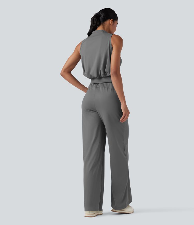 Mock Neck Sleeveless Half Zip Quick Dry Golf Jumpsuit with Pockets-Easy Peezy Edition-UPF40+