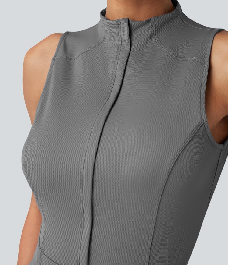 Mock Neck Sleeveless Half Zip Quick Dry Golf Jumpsuit with Pockets-Easy Peezy Edition-UPF40+