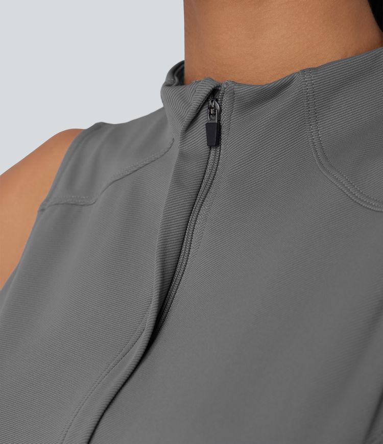 Mock Neck Sleeveless Half Zip Quick Dry Golf Jumpsuit with Pockets-Easy Peezy Edition-UPF40+