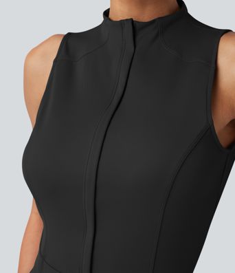 Mock Neck Sleeveless Half Zip Quick Dry Golf Jumpsuit with Pockets-Easy Peezy Edition-UPF40+