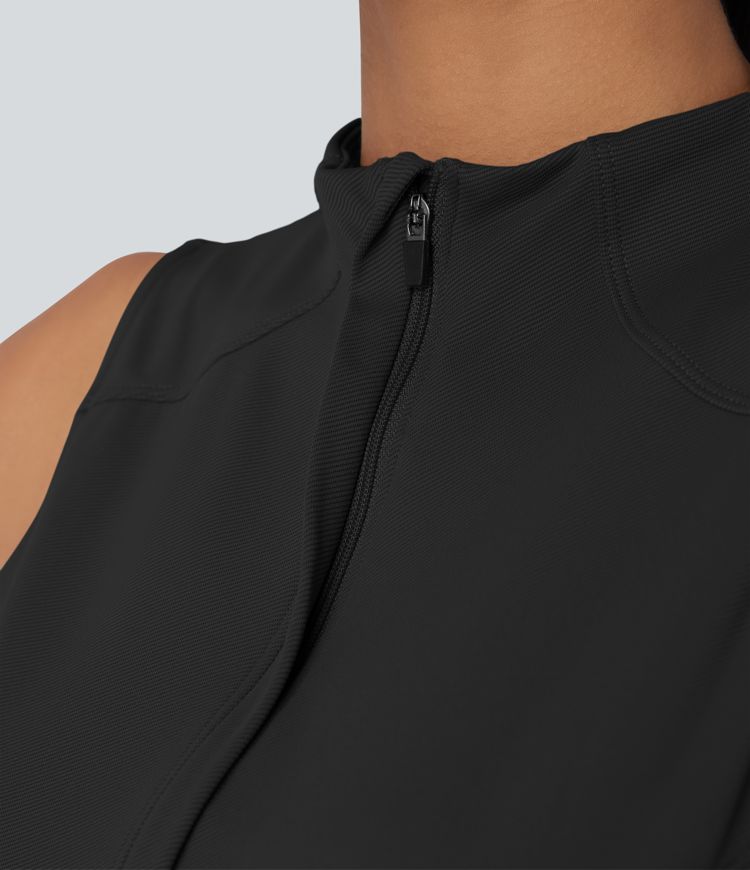 Mock Neck Sleeveless Half Zip Quick Dry Golf Jumpsuit with Pockets-Easy Peezy Edition-UPF40+