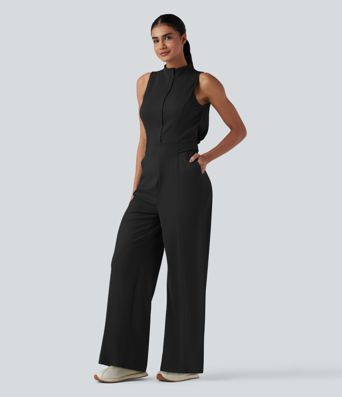 Mock Neck Sleeveless Half Zip Quick Dry Golf Jumpsuit with Pockets-Easy Peezy Edition-UPF40+