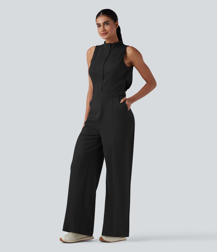 Mock Neck Sleeveless Half Zip Quick Dry Golf Jumpsuit with Pockets-Easy Peezy Edition-UPF40+