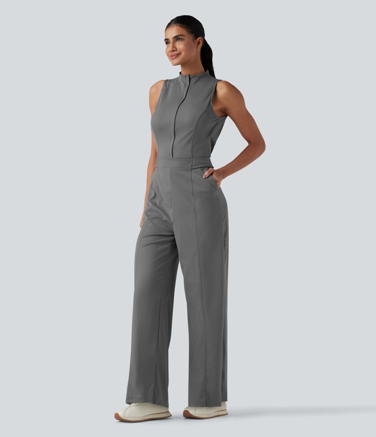Mock Neck Sleeveless Half Zip Quick Dry Golf Jumpsuit with Pockets-Easy Peezy Edition-UPF40+