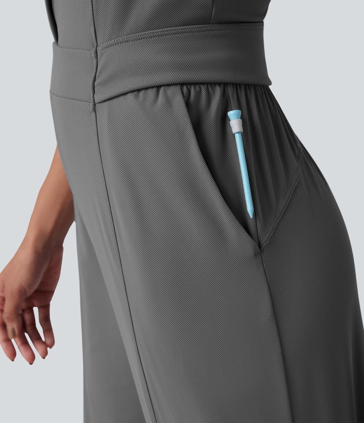 Mock Neck Sleeveless Half Zip Quick Dry Golf Jumpsuit with Pockets-Easy Peezy Edition-UPF40+