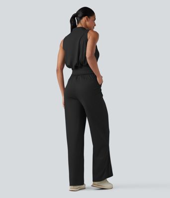 Mock Neck Sleeveless Half Zip Quick Dry Golf Jumpsuit with Pockets-Easy Peezy Edition-UPF40+