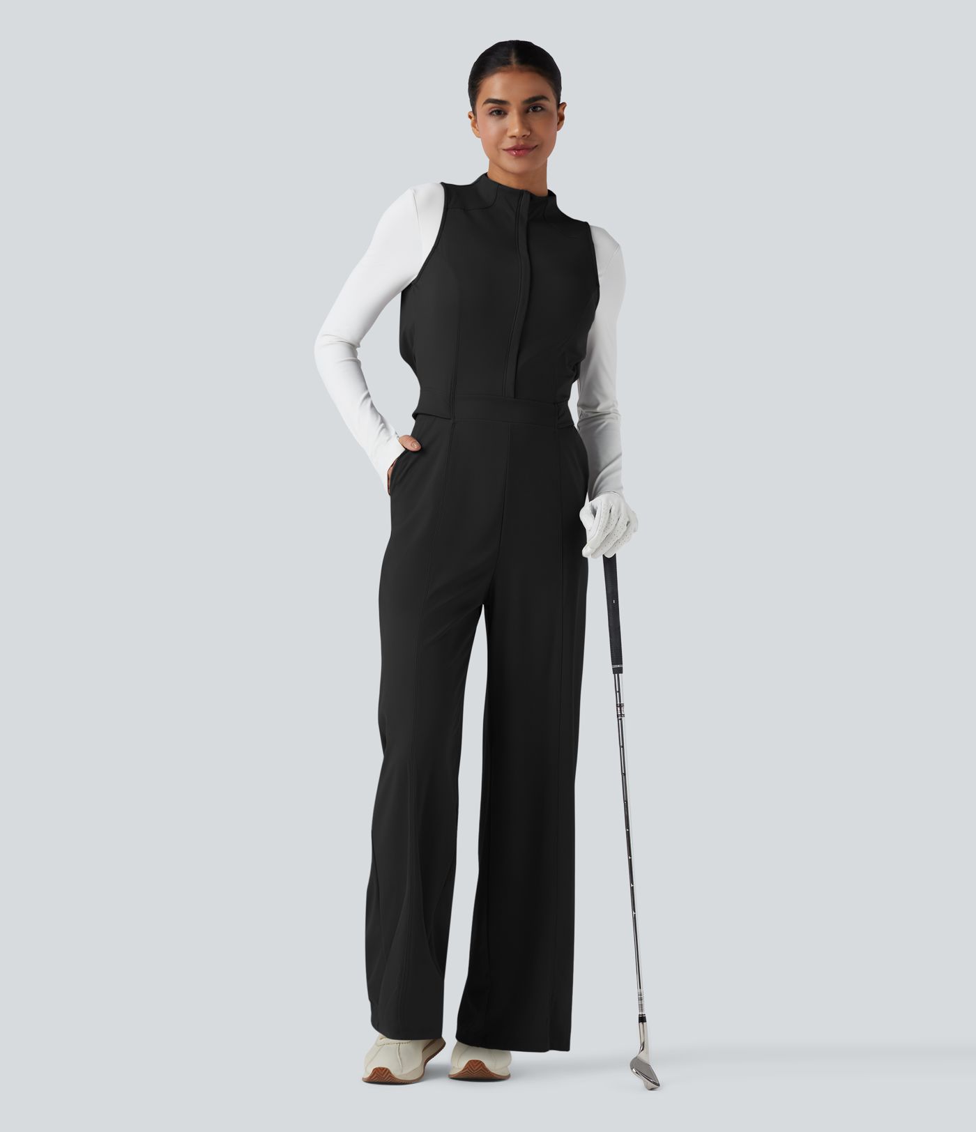 Mock Neck Sleeveless Half Zip Quick Dry Golf Jumpsuit with Pockets-Easy Peezy Edition-UPF40+
