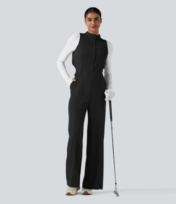 Mock Neck Sleeveless Half Zip Quick Dry Golf Jumpsuit with Pockets-Easy Peezy Edition-UPF40+