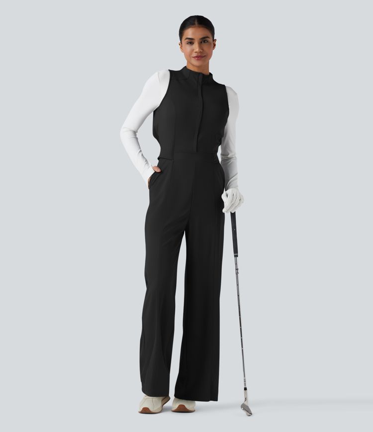 Mock Neck Sleeveless Half Zip Quick Dry Golf Jumpsuit with Pockets-Easy Peezy Edition-UPF40+