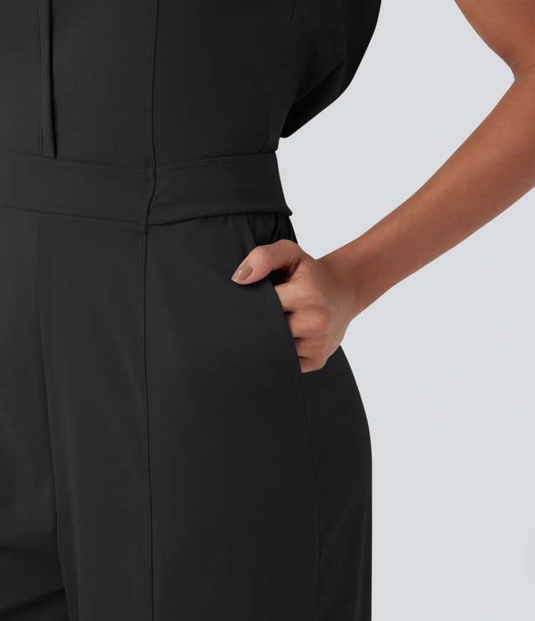 Mock Neck Sleeveless Half Zip Quick Dry Golf Jumpsuit with Pockets-Easy Peezy Edition-UPF40+