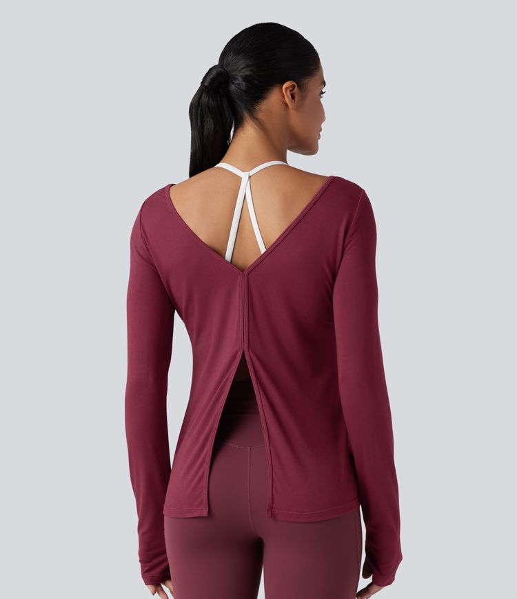 V-back Long Sleeve Thumb Holes Split Workout Sports Top