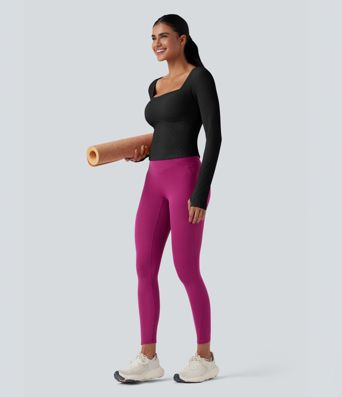Ribbed Push-Up Square Neck Long Sleeve Thumb Holes Yoga Sports Top
