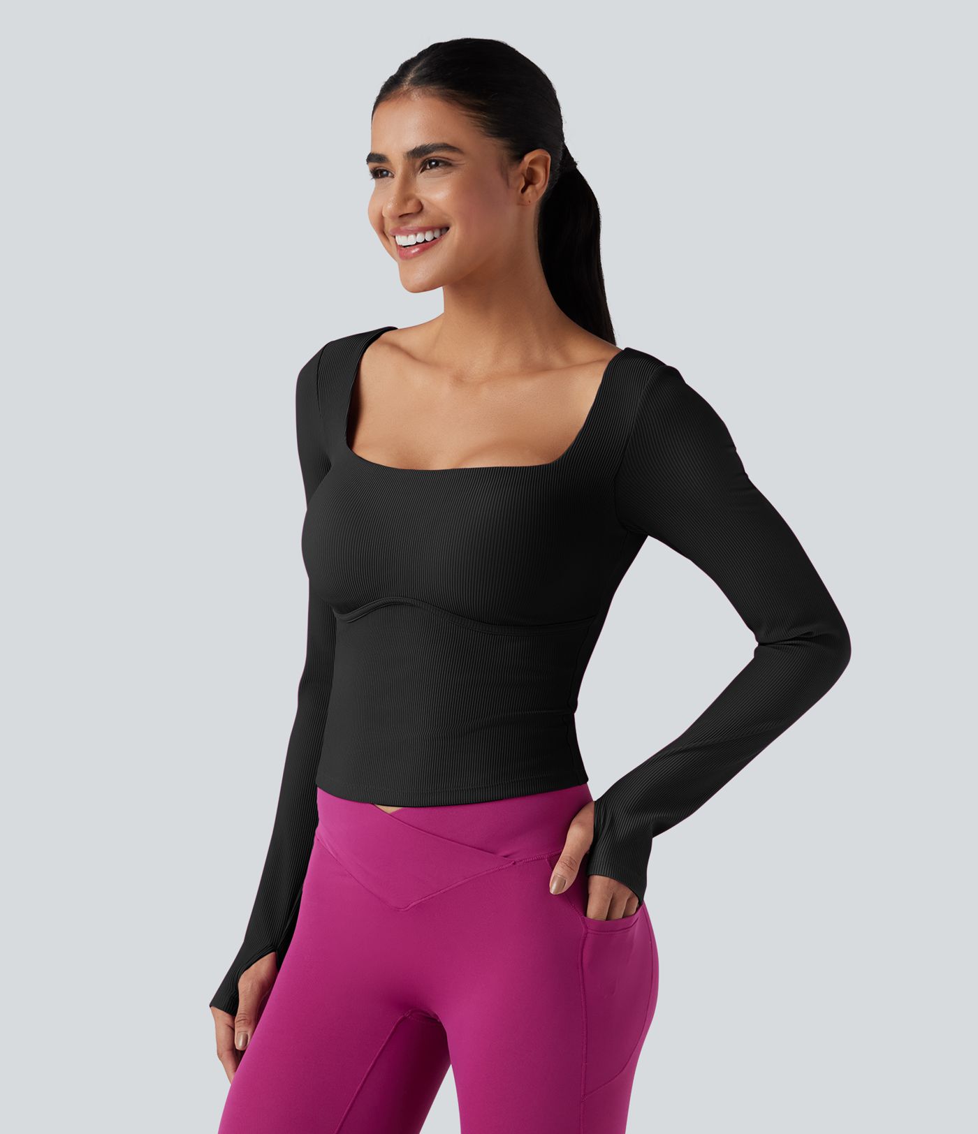 Ribbed Push-Up Square Neck Long Sleeve Thumb Holes Yoga Sports Top