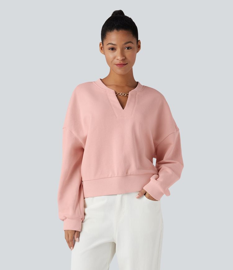 Sweat-shirt en coton col V avec chaîne à manches longues