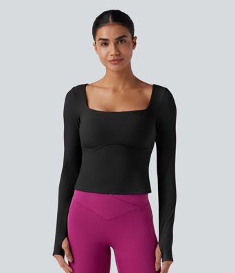 Ribbed Push-Up Square Neck Long Sleeve Thumb Holes Yoga Sports Top