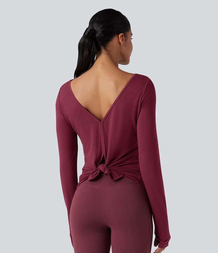 V-back Long Sleeve Thumb Holes Split Workout Sports Top