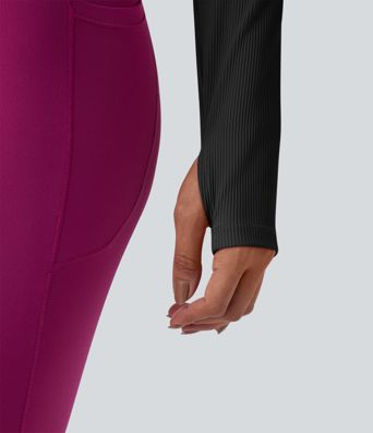 Ribbed Push-Up Square Neck Long Sleeve Thumb Holes Yoga Sports Top