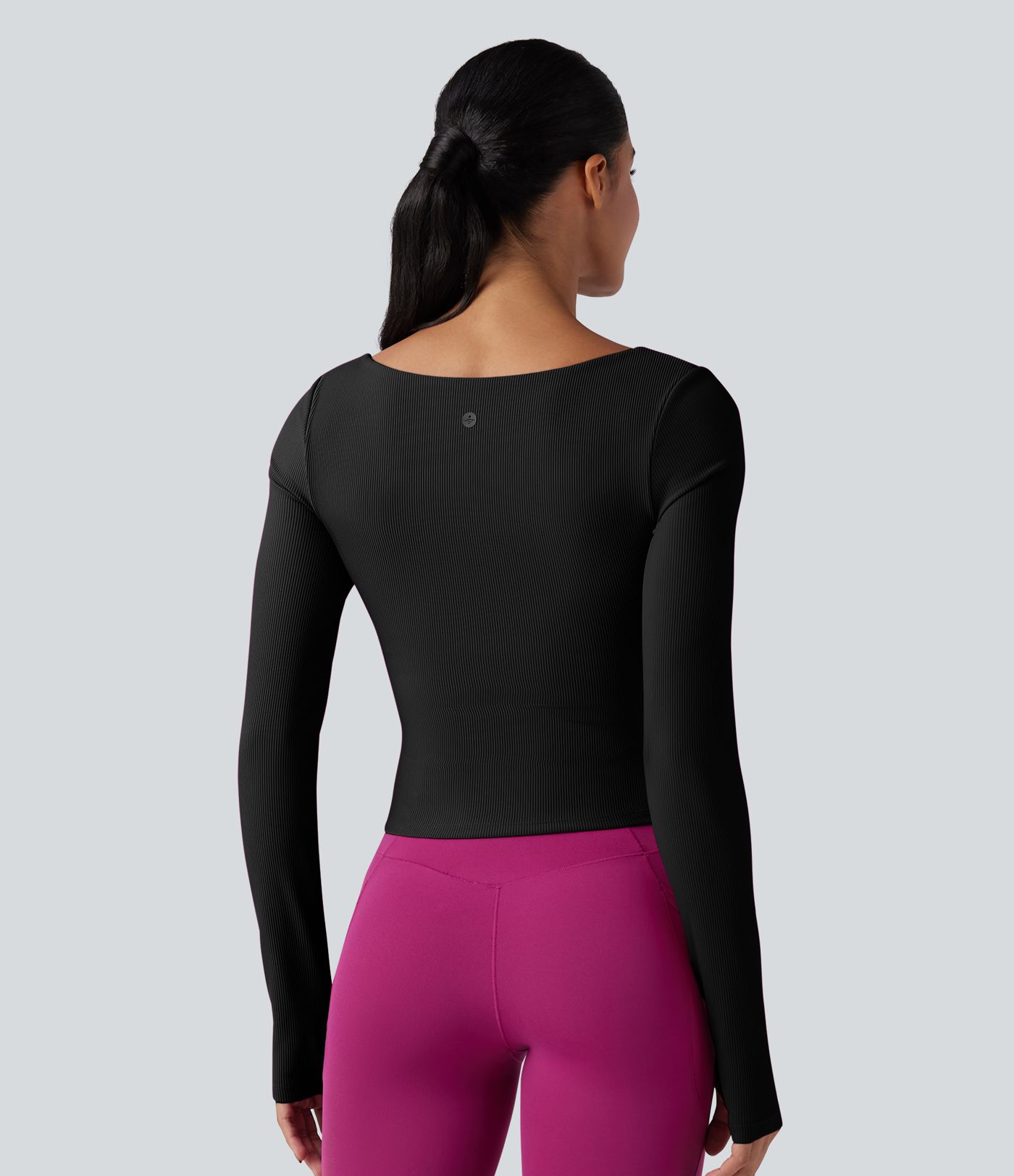 Ribbed Push-Up Square Neck Long Sleeve Thumb Holes Yoga Sports Top